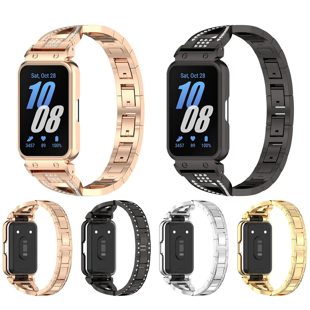 

Diamond inlaid metal Watchband For Samsung Band Galaxy Fit3 SM-R390 Strap with Watch Frame Stainless steel Replacement