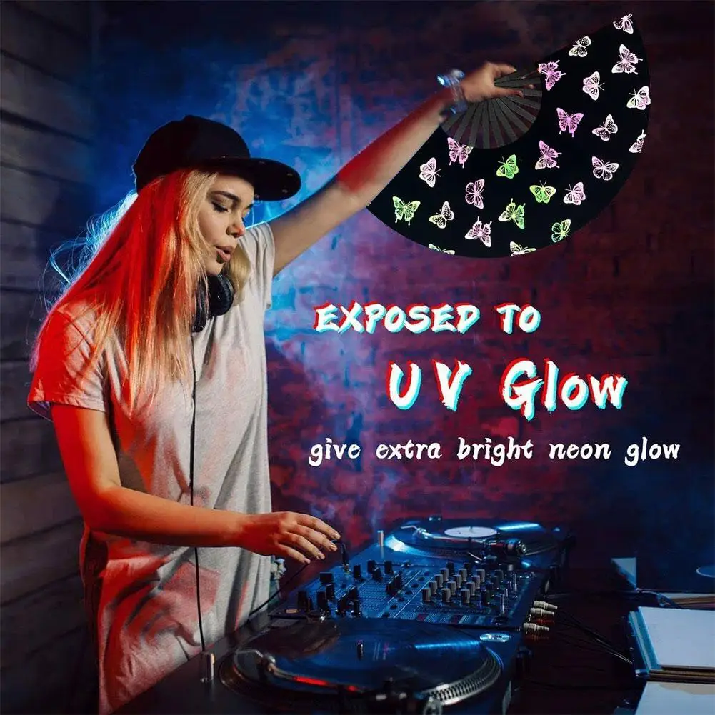 Colorful UV Fluorescent Folding Fan Handmade Chinease Gradient Colorful Reflective Luminous Foldable Fan For Bar Club