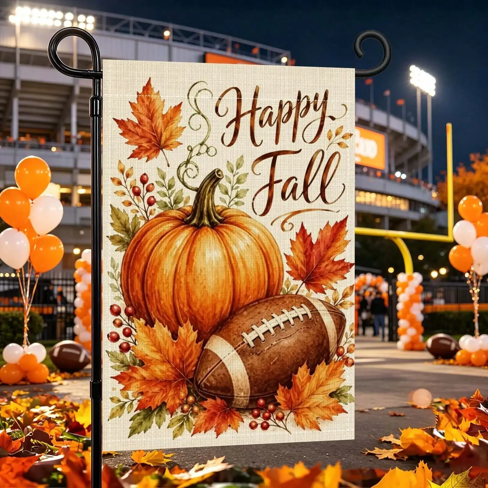 1/2/3pcs Happy Fall Pumpkin Football Garden Flag,12X18Inch Double‑Sided 2D Flat Print,Fall ‑Texture Pumpkin Football Maple Leaf Happy Fall Art For Patio Decor,No Poles Included,Thanksgiving & Christmas Gift