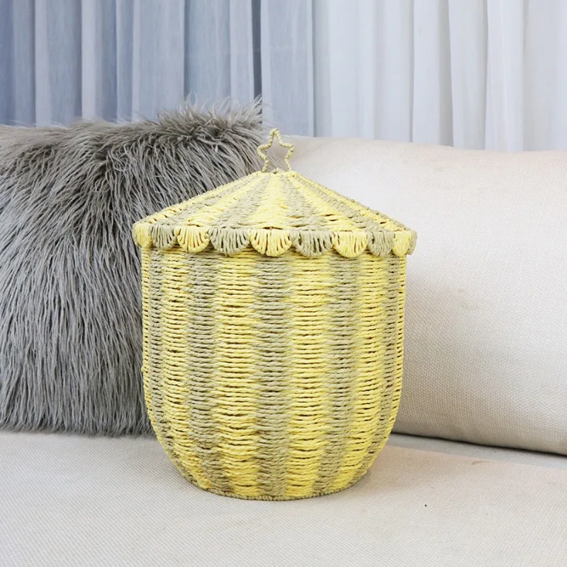 Household Striped Rattan Hamper, Woven Storage Basket for Toys Dirty Clothes