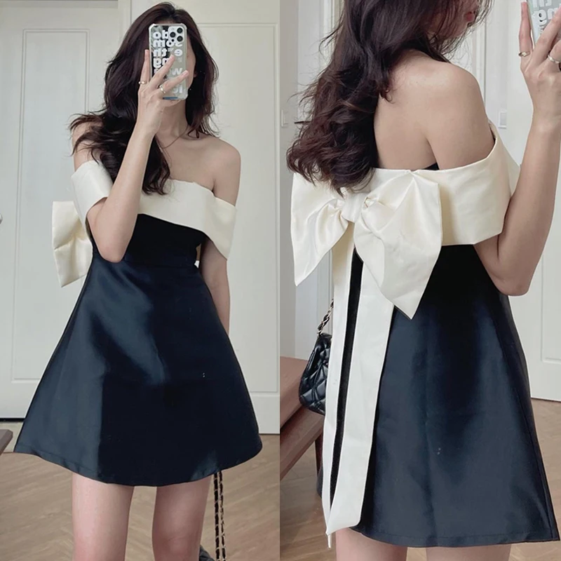 One-Shoulder Back Bow Design Dress Women Black White Vestidos French High-Quality Ladies Korean Chic Summer Femme Robe