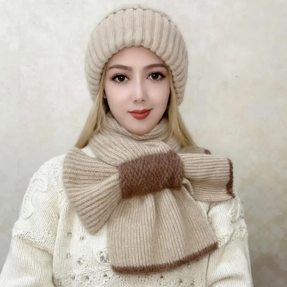 Winter Knit Hat Scarf Set Large Head Circumference Winter Knit Cap Elastic Warm Riding Hat Outdoor Activities Cycling Headwear