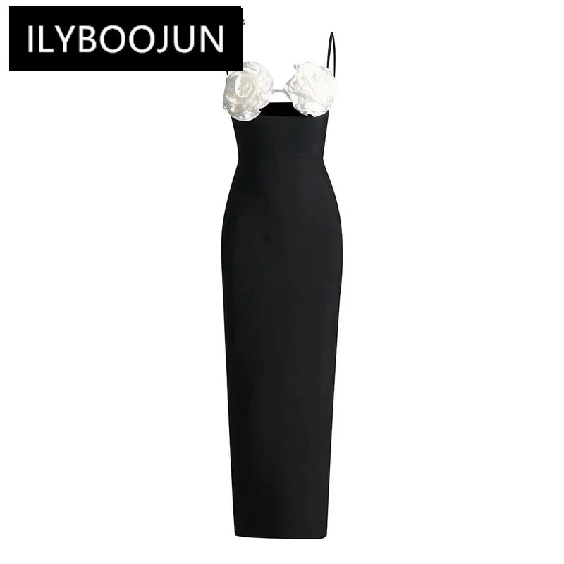 

ILYBOOJUN Colorblock Patchwork Appliques Slimming Dresses For Women Square Collar Sleeveless High Waist Camisole Dress Female