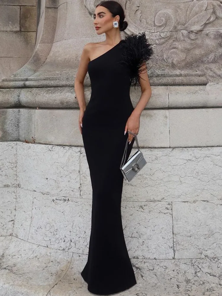 

2024 New One Shoulder Sexy Black Feather Evening Dress Sleeveless for Women Sexy Party Elegant Birthday Long Maxi Dress