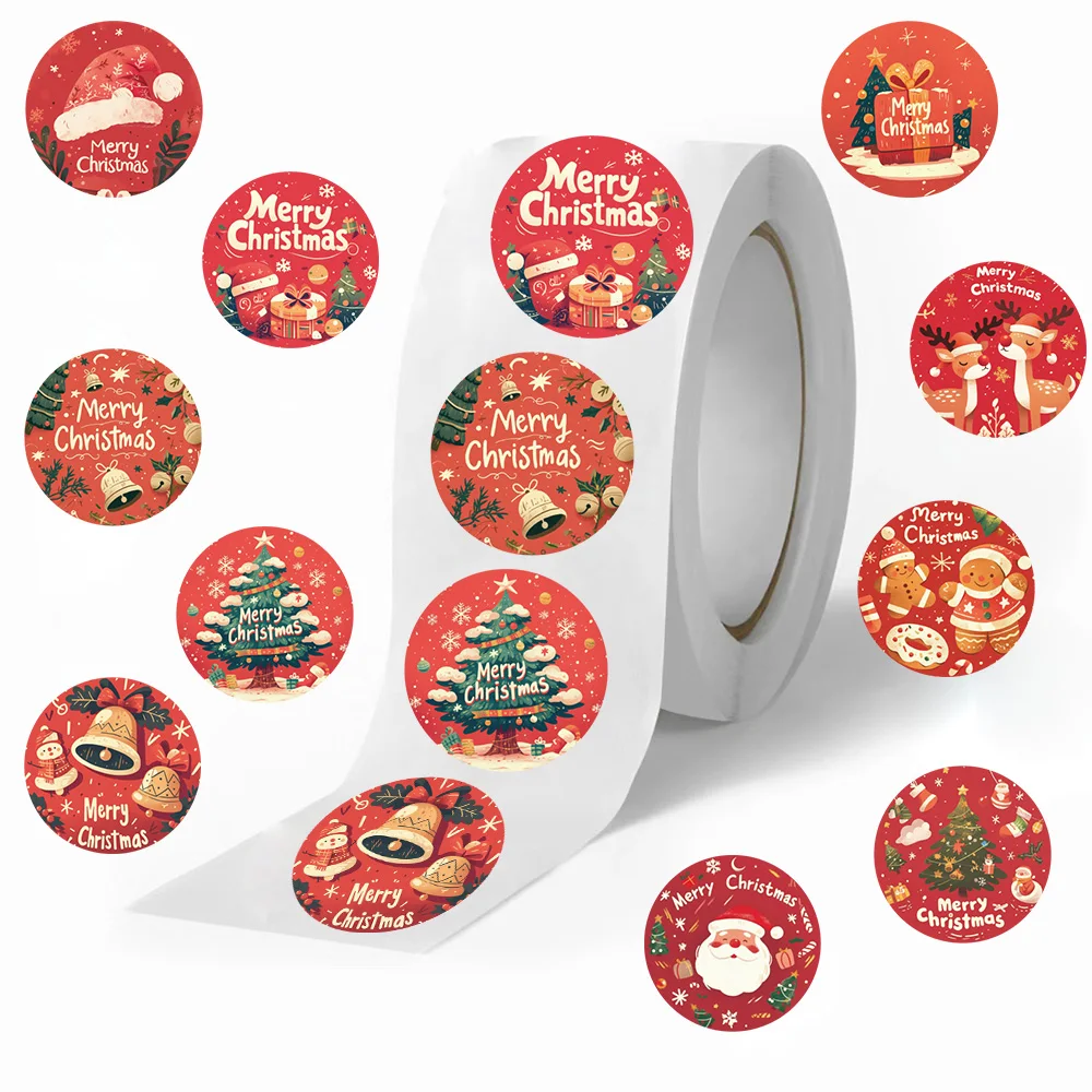 500pcs Christmas Red Cartoon Stickers Roll Decals for Envelope Encourage Praise Reward Student Work Sealing Label Toys