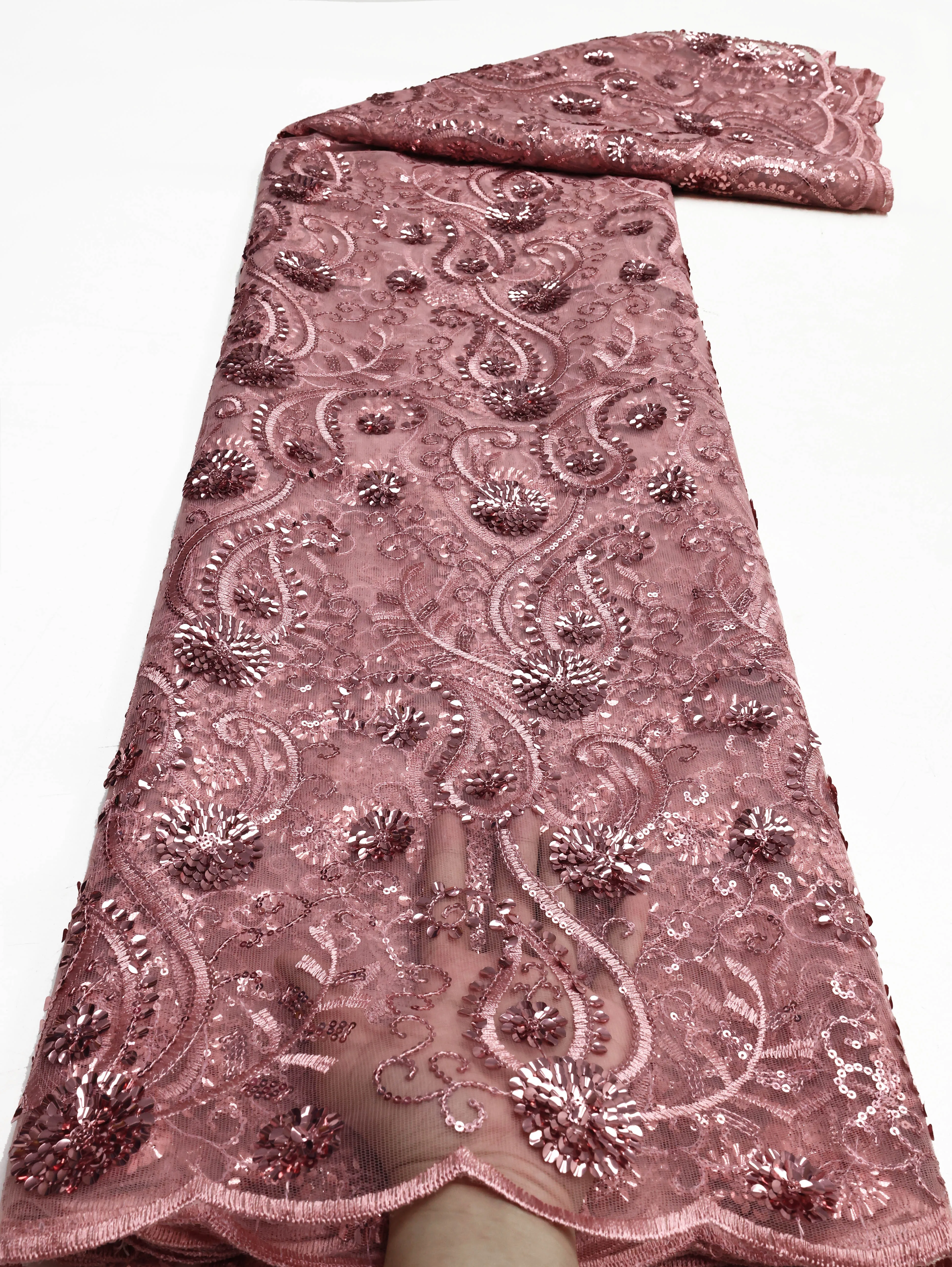 African Sequins Flocking Lace Fabric