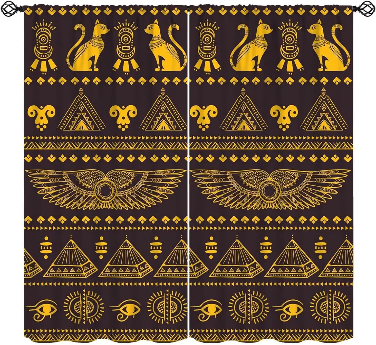 Mystic Ancient Egyptian Curtains,Black Cat Tribe Egypt Pyramids History Black Gold Vintage Decor Rod Pocket Window Treatments