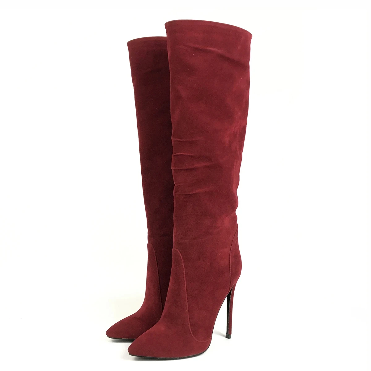 Moda Donna Scarpe a punta Tacchi alti Stivali al ginocchio Vino Rosso Ecopelle Pelle scamosciata Donna Inverno Autunno Party Outfit Calzature