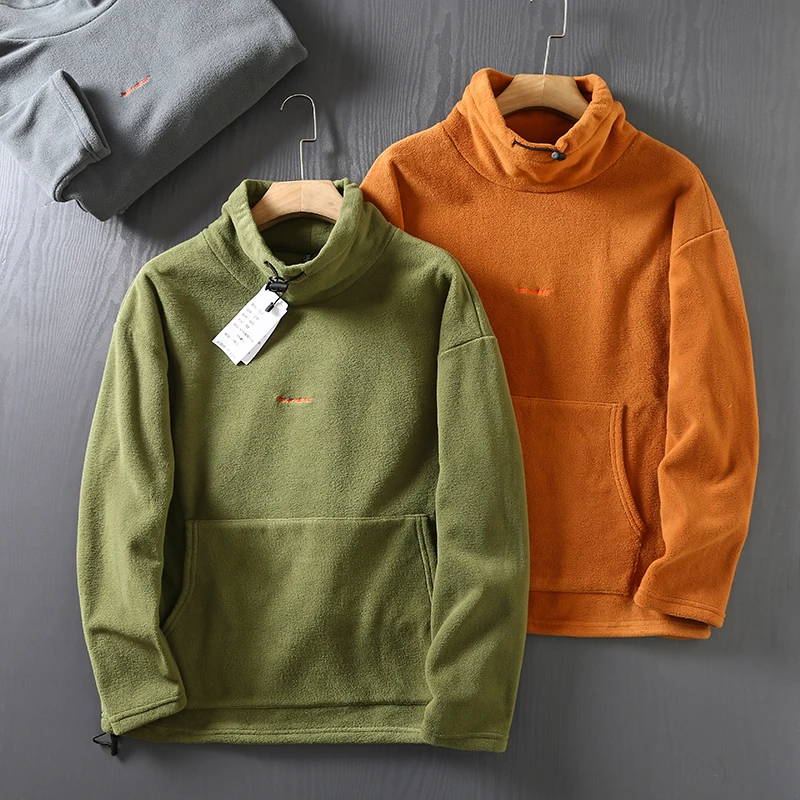 Men's Loose Casual Double-Sided Fleece Warm Base Pullover High Collar Thick Sweater Outdoor Trekking Fitness Running Sports TEE