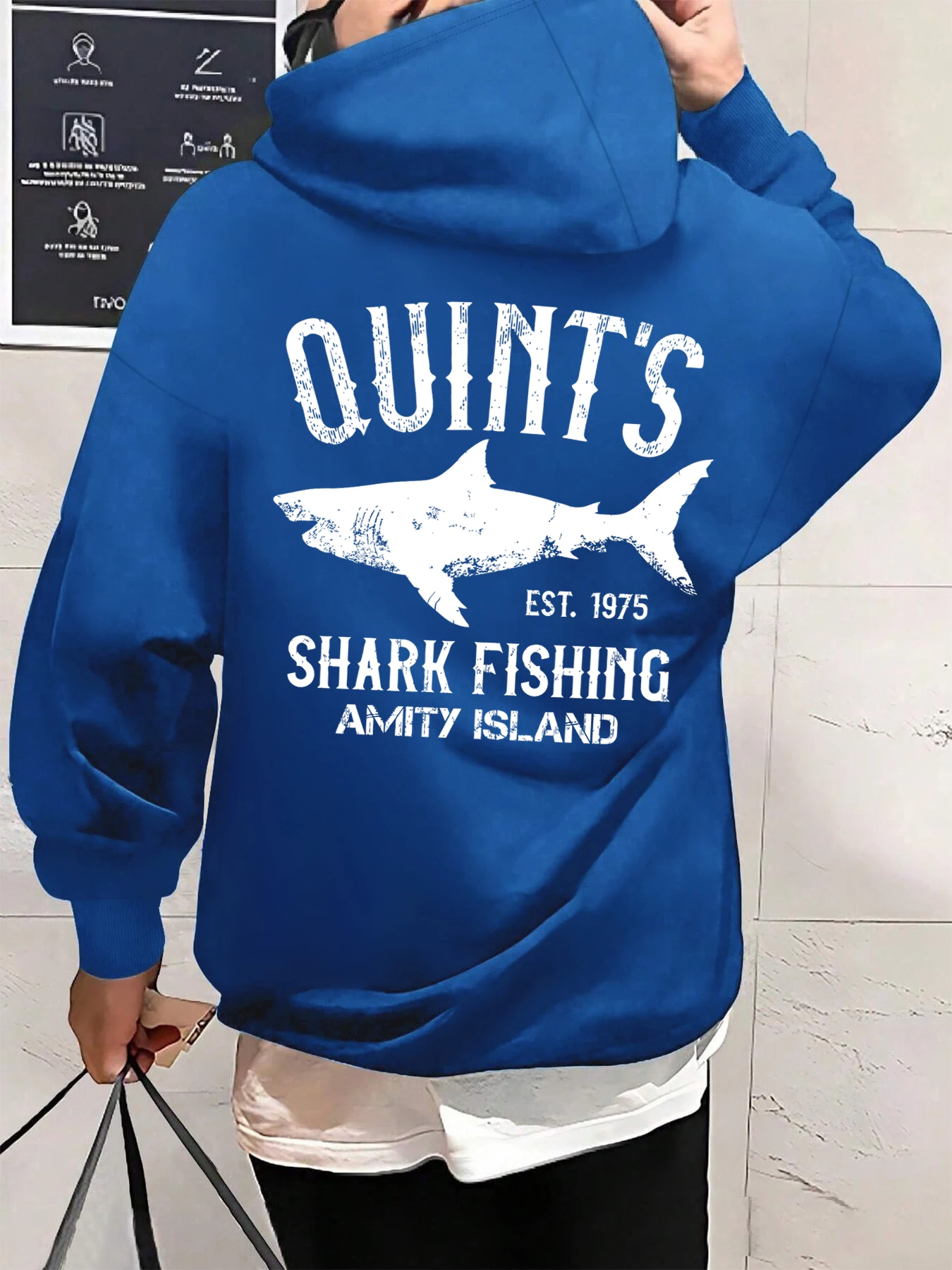 quint's-サメ釣りアミティアイランドプリントパーカー男性ヒップホップフリースパーカーカジュアルルーズ服ヴィンテージポケットスポーツウェア