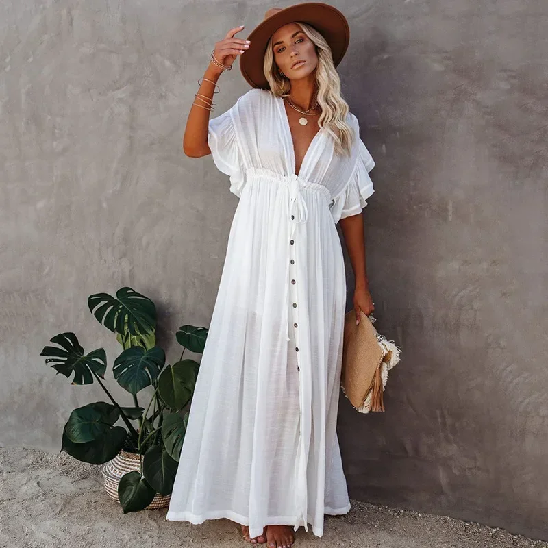 Cover Up Women's Deep V Neck White Long Dress Party Dance Wear Backless Ruffles Pareos Beach  Holiday Sexy Slim Maxi Costume