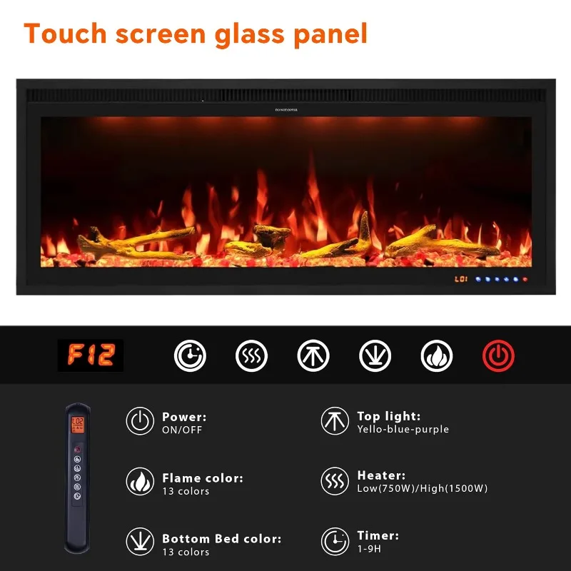 48 Inch App-Controlled Electric Fireplace Built-In Wall-Mounted LED Heater Overheat Protection Smart Alexa CE ETL Household