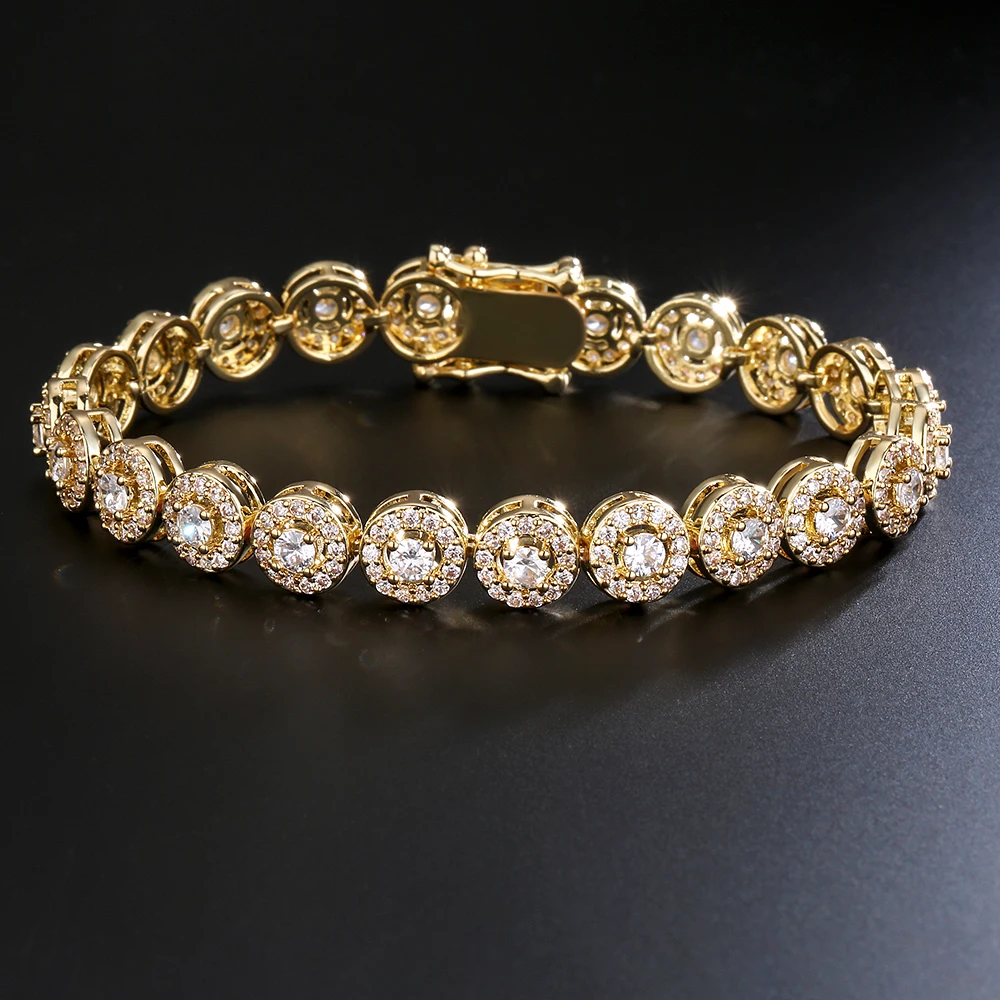 TrendMen Hiphop/Rock Trendy Round Zirconia Tennis Bracelets For Fashion Men Women Gold Color Crystal Wristlet Jewelry Bangles