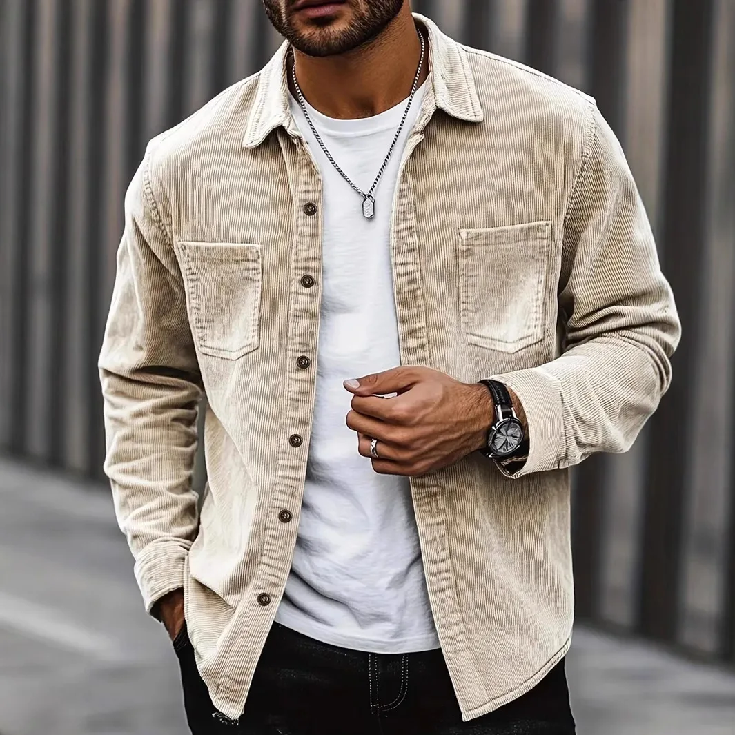 Men Vintage Corduroy Lapel Long Sleeve Shirt Solid Color Button Down Jacket Double Pockets Casual All Season Tops