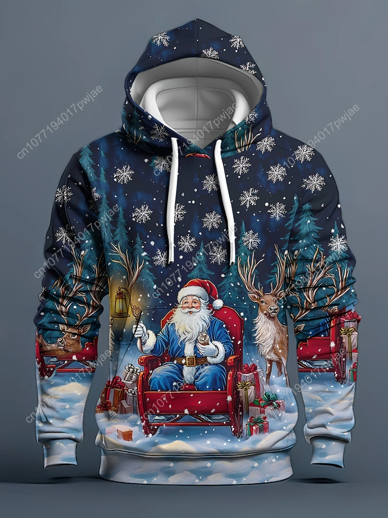

Men'S Christmas Hoodie - Santa Claus & Reindeer Print Pullover Sweatshirt, Navy Blue Holiday Sweater with Front Pocket, Warm Win