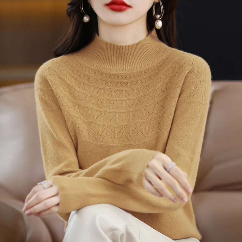 Ropa de lana 100% pura para mujer, jersey de Cuello medio alto ahuecado, de Color sólido, listo para usar, NJRG-1105