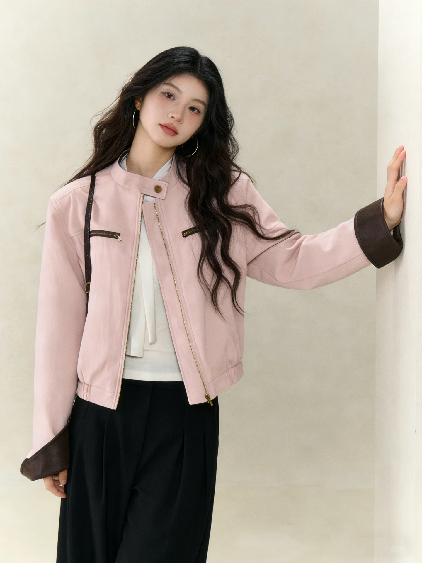 한국 스타일 핑크 스탠드 칼라 PU 가죽 재킷 여성용 2026년 봄 신상 컬러 콜리온 아우터웨어 탑