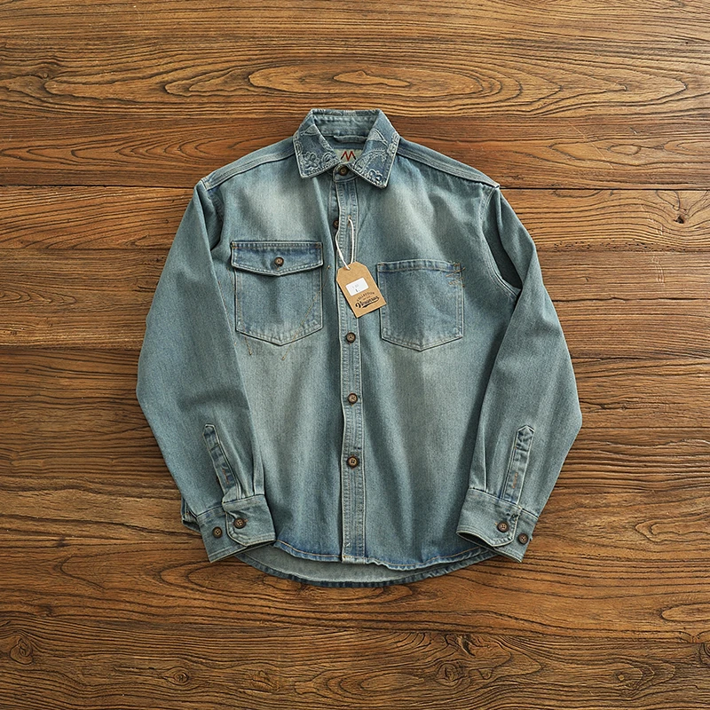 Retro American Washed Denim Shirt Jacket Thin Men's Long Sleeve Autumn New Style Couple Workwear Top Fashion Urban Style