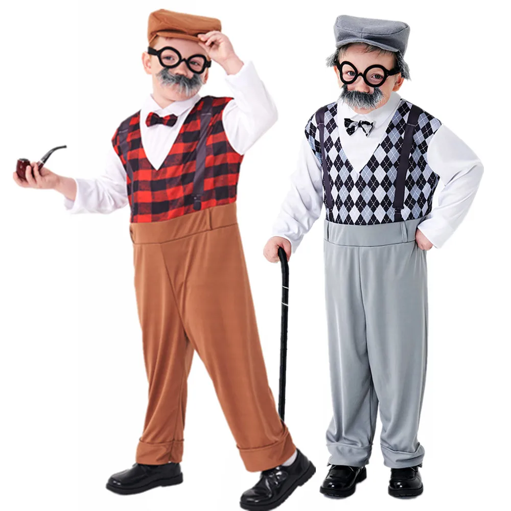 Halloween Cosplay Oude Man Kostuum Voor Kinderen 100e Dag Van School Opa Kostuum Accessoires Inclusief Hoed Bril Baard Gangster