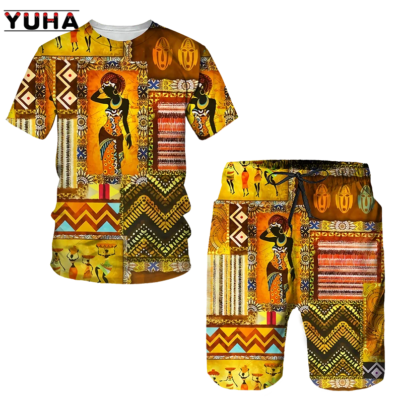 YUHA,Newest African Print Women\'s/Men\'s T-shirts Sets Africa Dashiki Men’s Tracksuit/Vintage Tops Sport And Leisure Summer Male