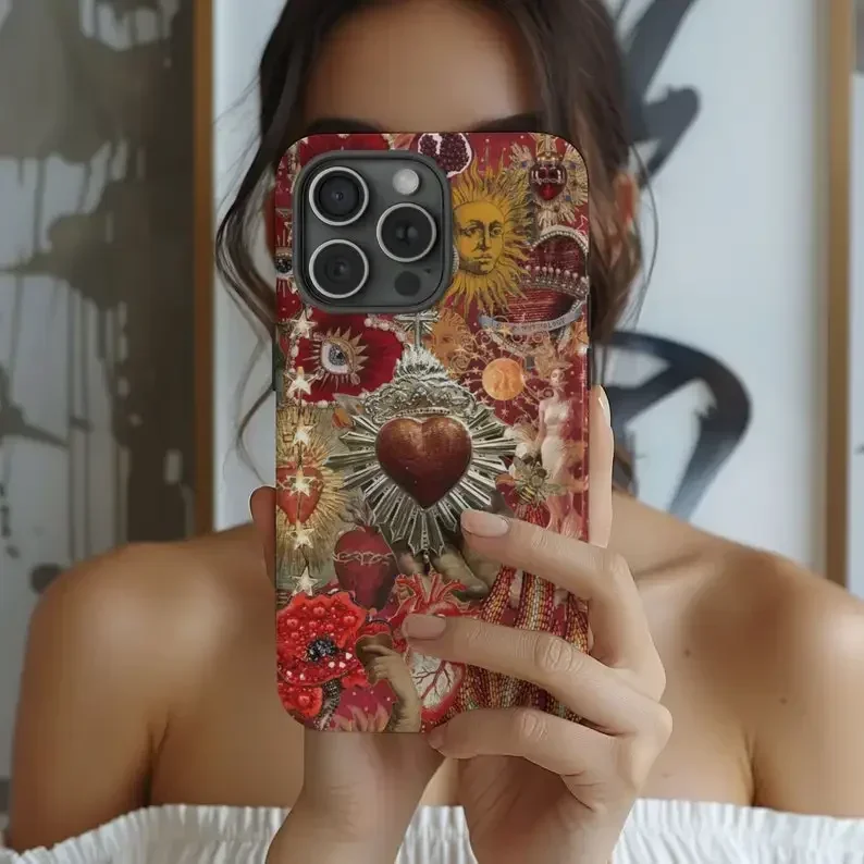 Red Love Eye Boho Aesthetic Phone Case For IPHONE 16ProMax 15 14 13 12 11 PRO Plus Acrylic TPU Two in one Mobile Phone Cases