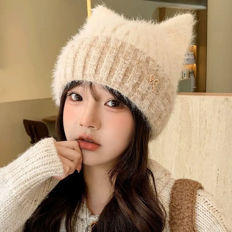 Women Cute Sweet Bow Small Label Knitted Beanie Hat Winter Warm Windproof Earflap Woolen Cap