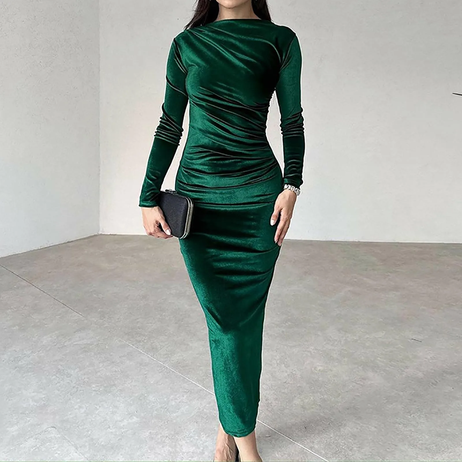 New Women's Evening Dress Velvet Solid Color Bodycon Midi Dress Long Sleeve Ruched Slim Fit Elegant Cocktail Party Dresses