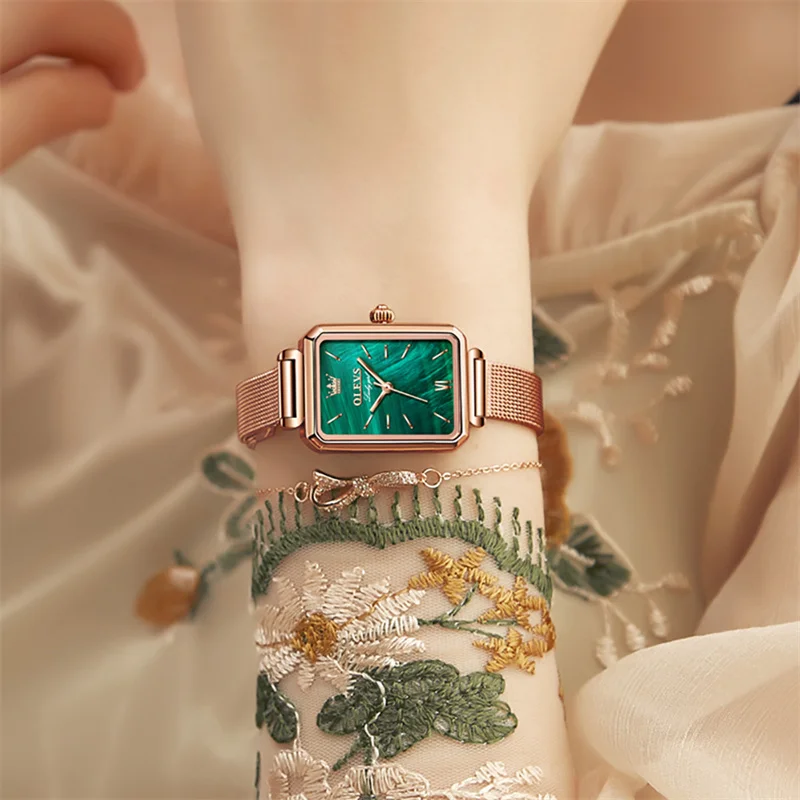 OLEVS Forest Green Lady Watches Luxury Brand Women Dress Watch Rose Gold Steel Strap Quartz Wrist Watch Creative Relogio 2024