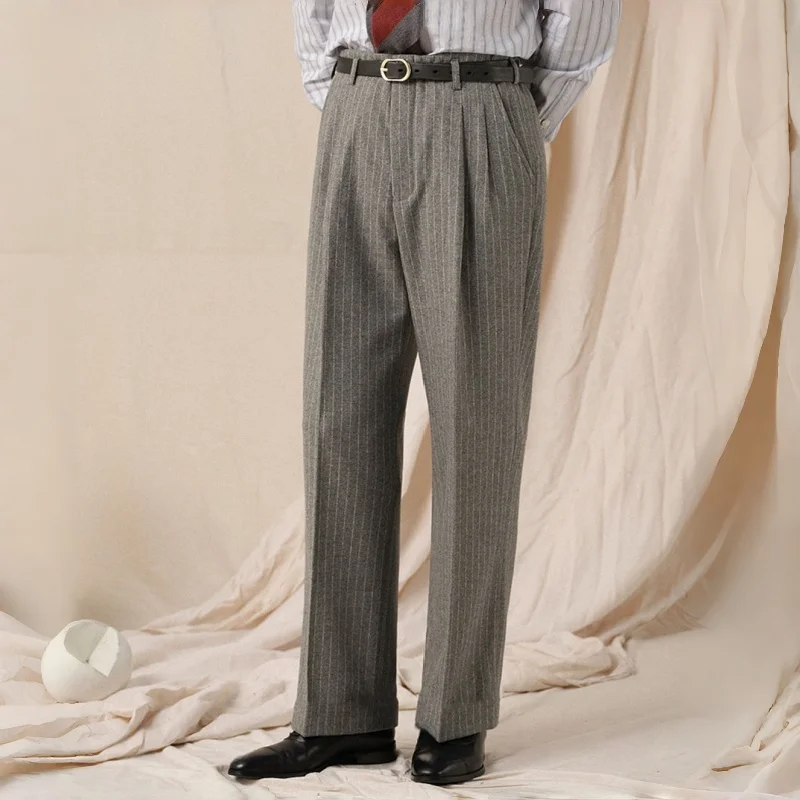 

Men's Wool Blend Grey Striped Suit Trousers Elegant Straight-leg Men's Dress Trousers With a Retro Style Featur Front Pleats