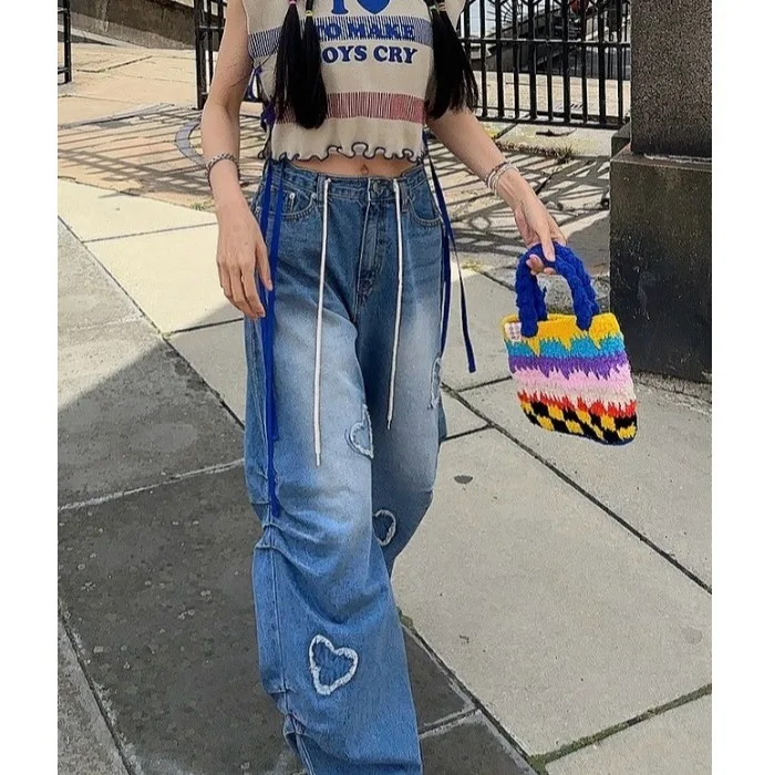 

Chic Casual Pants Women's Folded Waist Design Trendy Heart Pattern Denim Long Trousers Spring Autumn Loose Fit Straight Leg