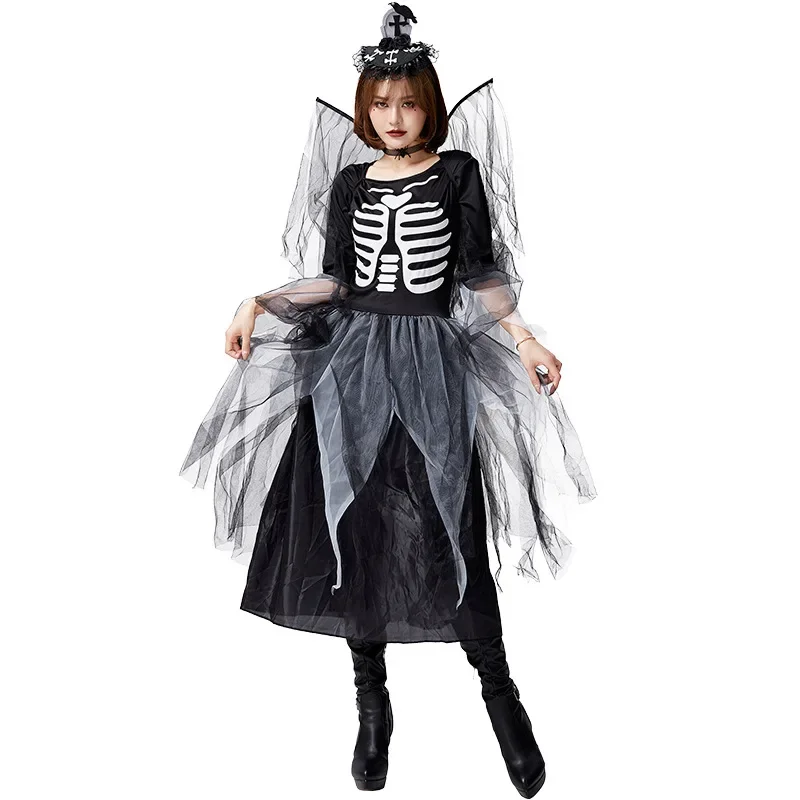 Women Adult Black Demon Angel Halloween Costume Ghost Party Sheer Skull Print Wings Fancy Dressed