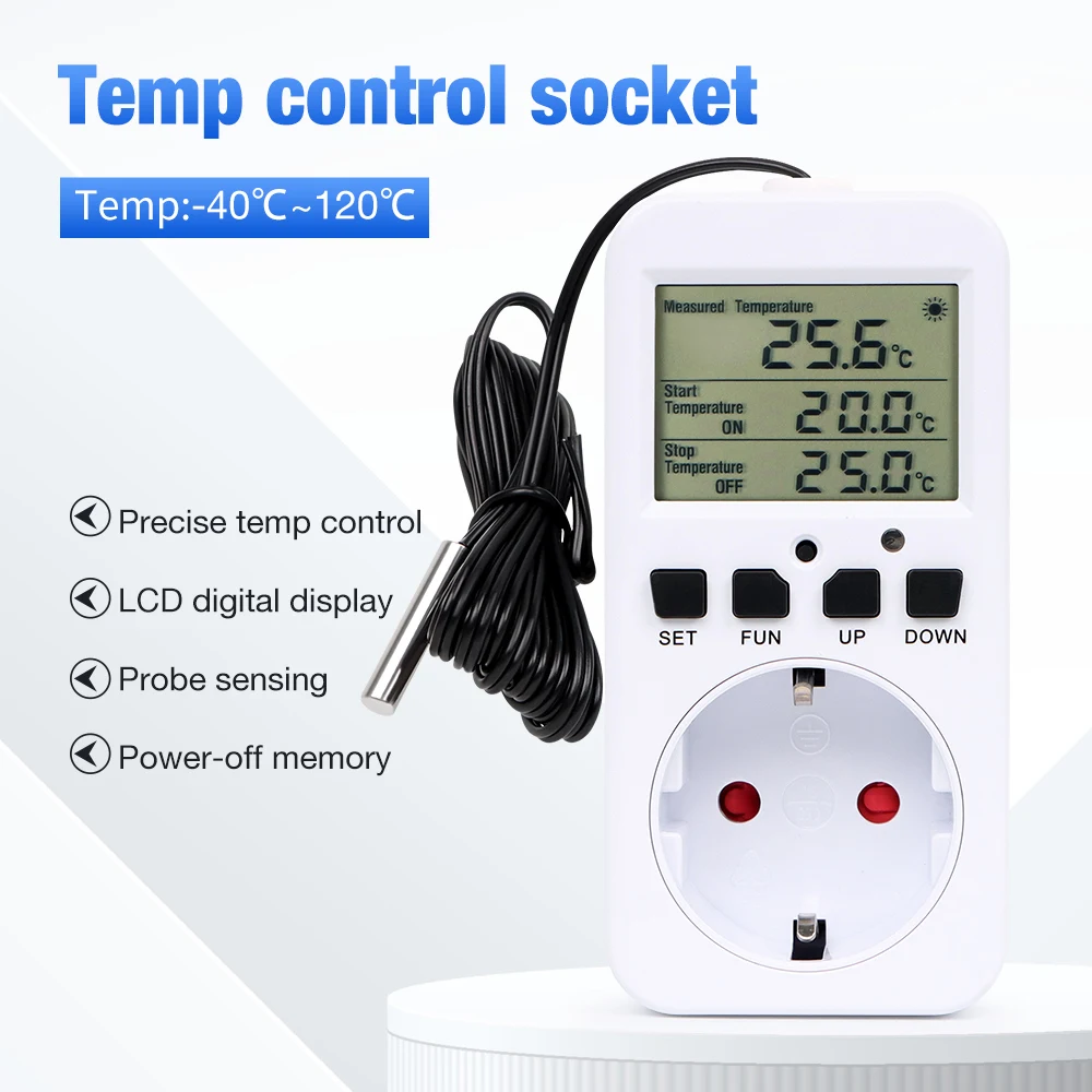 AC230V متحكم في درجة الحرارة المقبس مع الموقت ترموستات رقمي منفذ التبديل دقة التدفئة التبريد منظم ميزان الحرارة