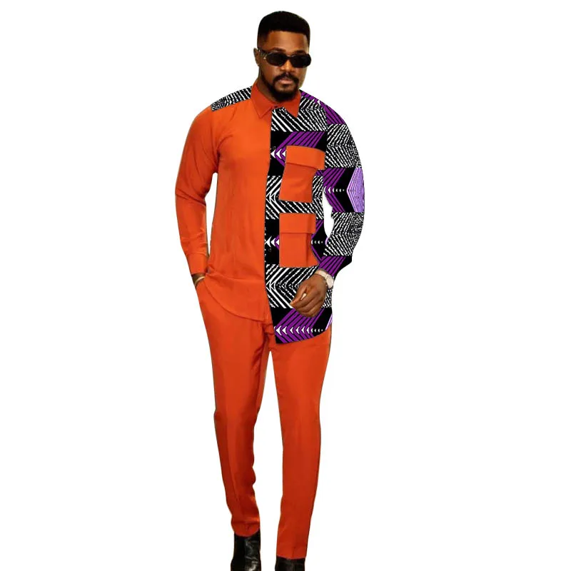

Light Orange Men's Sets Asymmetric Design Patchwork Shirts+Solid Trousers African Wedding Groom Suits