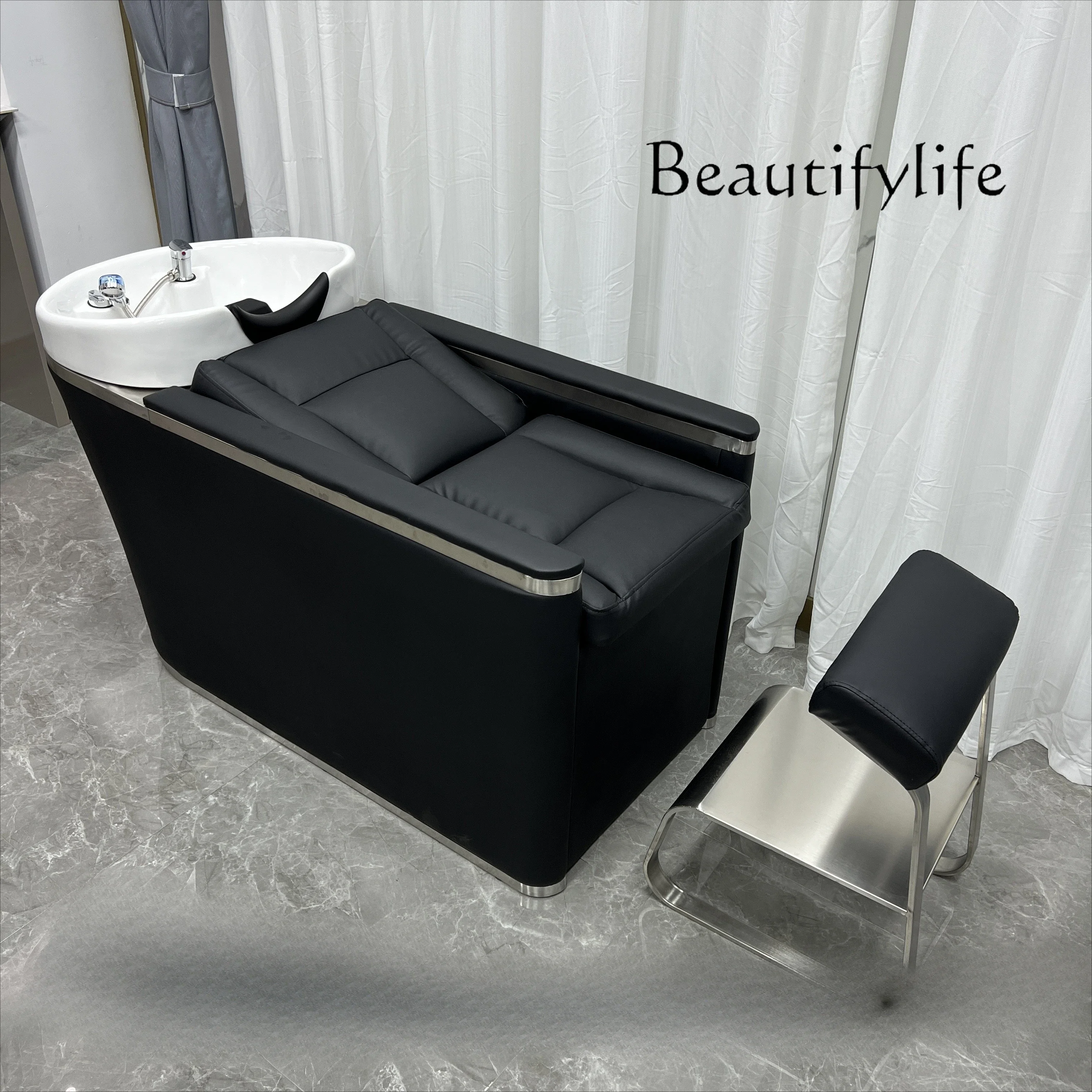 Cama de champú semireclinable especial para peluquería, almohada suave japonesa de acero inoxidable, silla de cama empotrada de moda