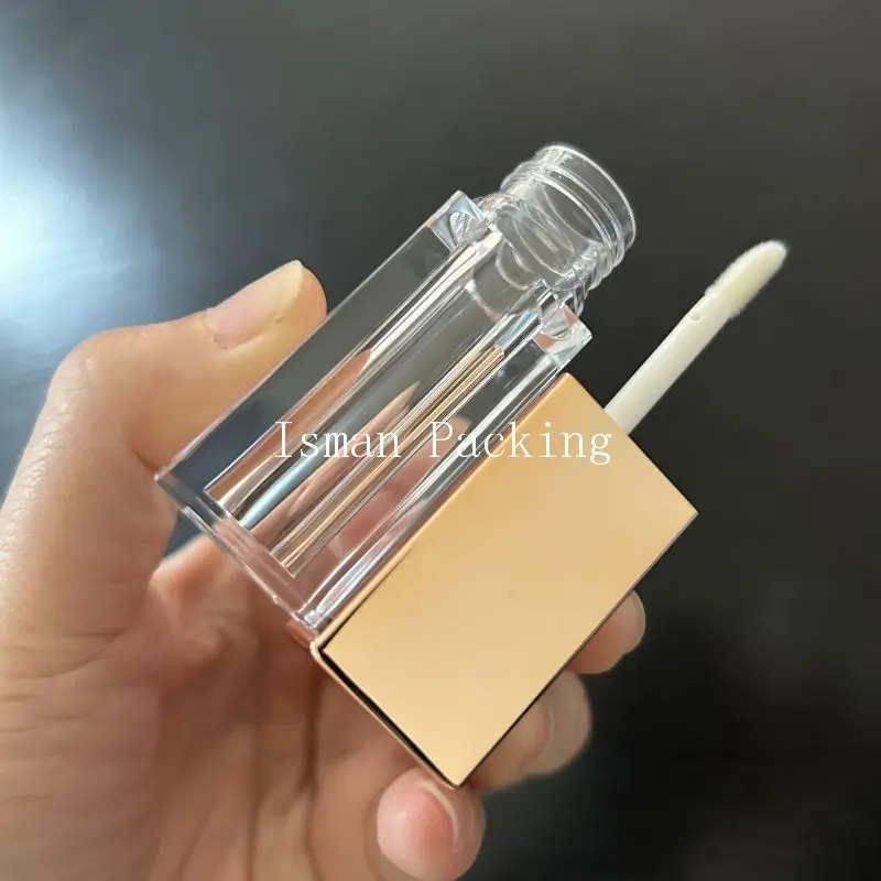 50Pcs Luxury Square Lip Gloss Bottle 5ml Empty Cosmetic Refillable Rose Gold Silver Lid Clear Plastic Lip Glaze Tubes With Brush