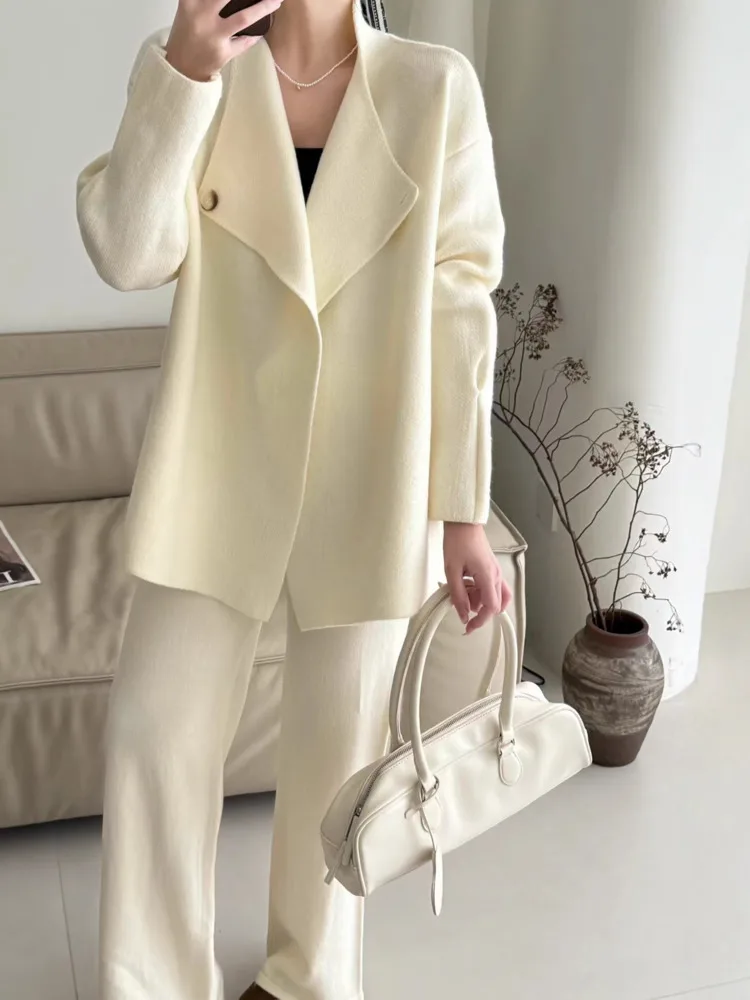 WHTREND conjunto de punto estilo coreano cárdigan de moda para mujer pantalones de pierna ancha conjunto de dos piezas Otoño Invierno nuevo WH1637