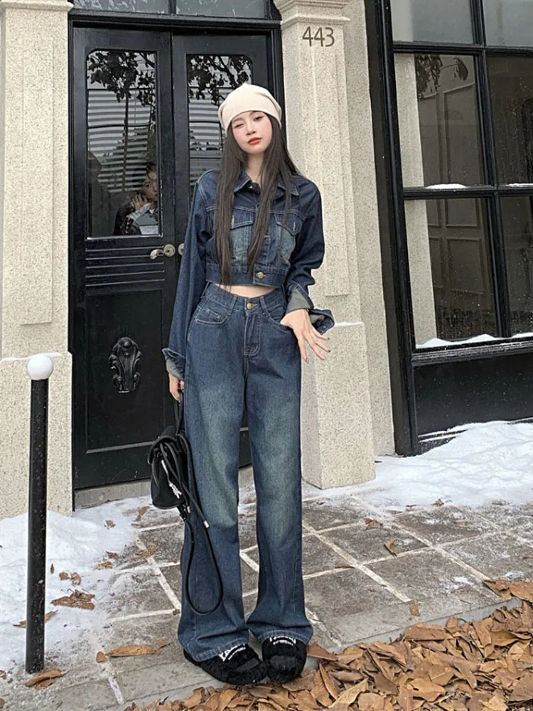 Vintage denim suit women\'s short coat top + Jeans wide leg pants 2023 spring autumn new fashion two-piece set