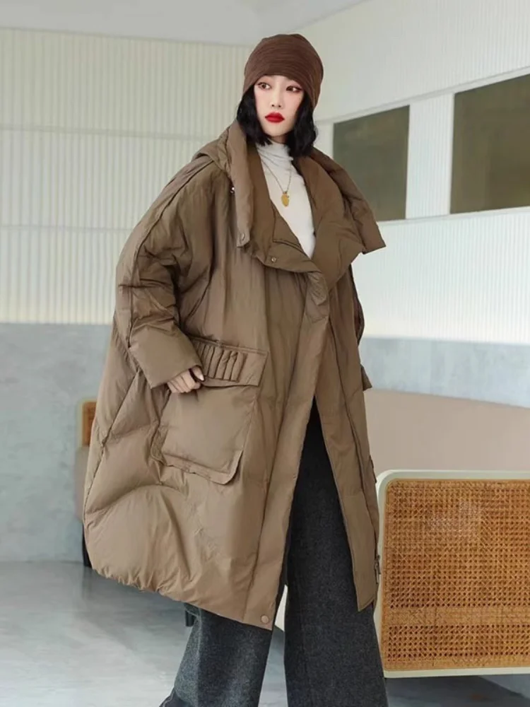 Warm Long Down Hooded Jackets for Women, 90% White Duck, Thick Warm Jackets, Oversize, Wide Version, Winter Coat