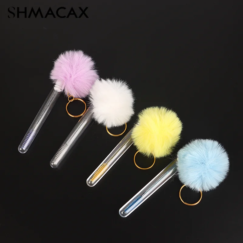 1pcs Tube Eyelash Brush With Gold Keychain & Fluffy Fur Pom Pom Ball Lash Extension Makeup Brush Eyebrow Comb Beauty Tools