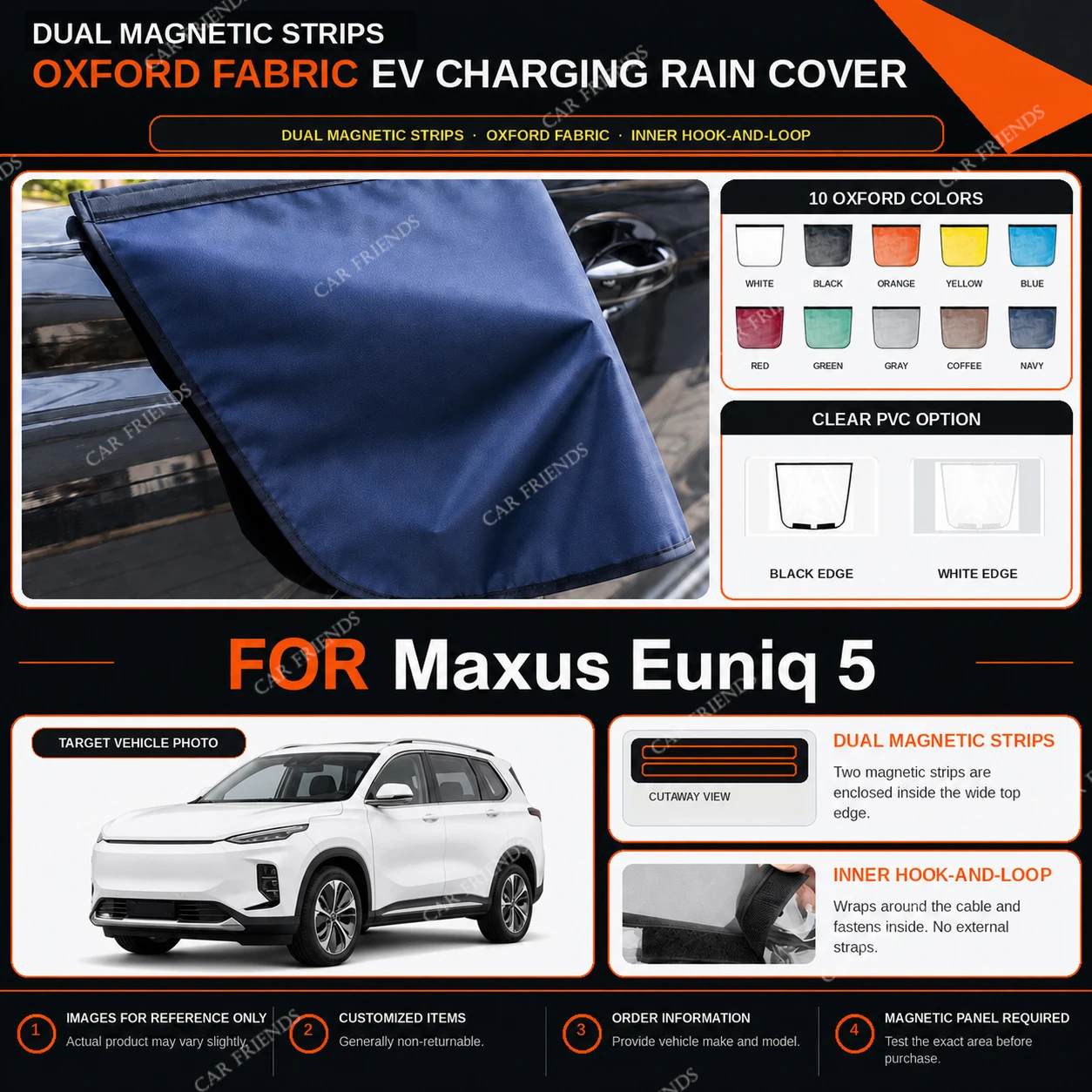 For Maxus Euniq 5 Oxford Fabric EV Charging Port Rain Cover with Dual Magnetic Strips Water-Repellent Outdoor Charging