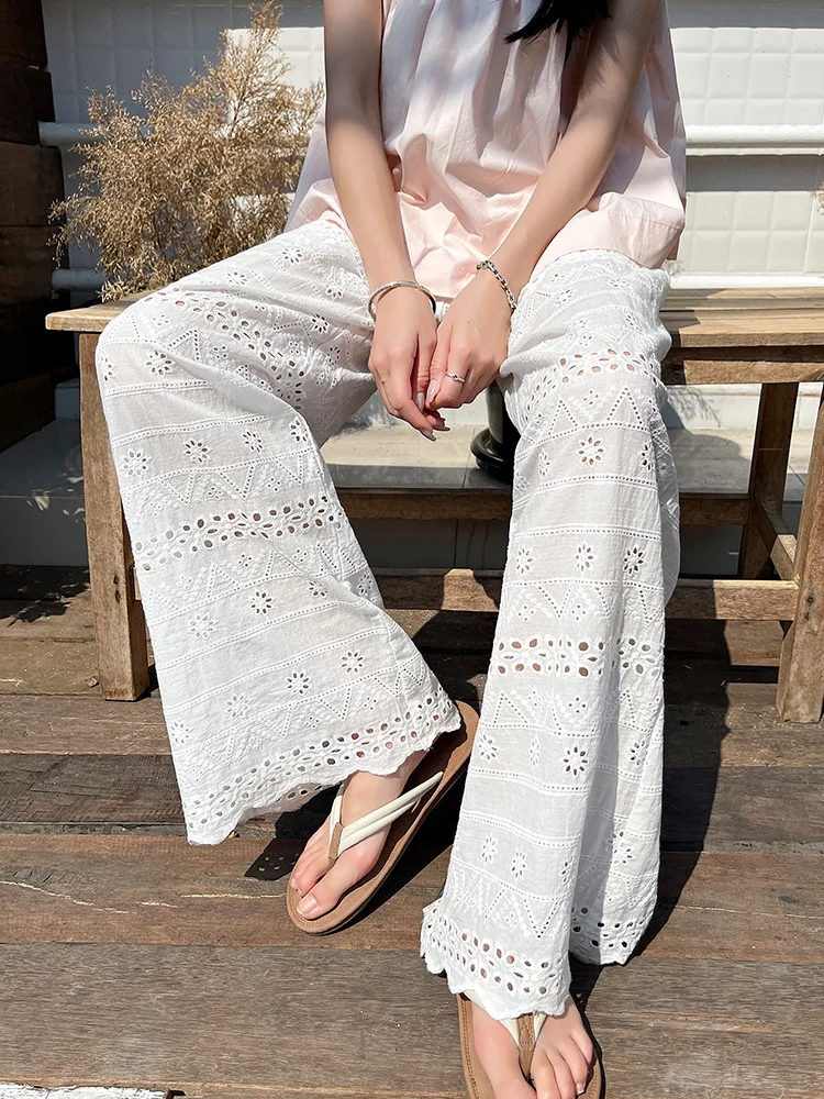

White Embroidery Hollow Out Pants For Women 2025 Summer Holiday Casual Loose Straight Wide Leg Pants