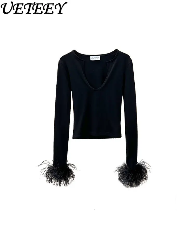 Special-Interest Design French Style Retro Easy Matching Ostrich Feather Knitted Pullover Long Sleeve V-neck Sexy Slimming Top