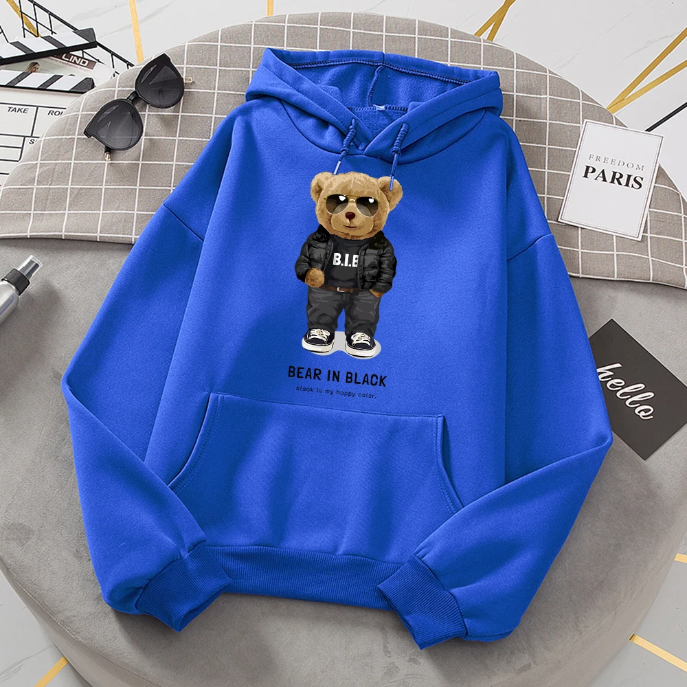 Teddy Bear In Black That Is My Happy Color Women Hoody Street Casual Loose Sweatshirt Autumn Fleece Hooded Hip Hop O-Neck Tops