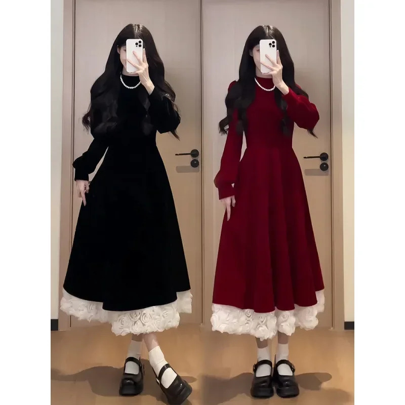 Vestido de Navidad de terciopelo que se pega a la cintura para mujer Otoño Invierno dulce rojo vestido largo antienvejecimiento cuello redondo manga completa hasta el tobillo