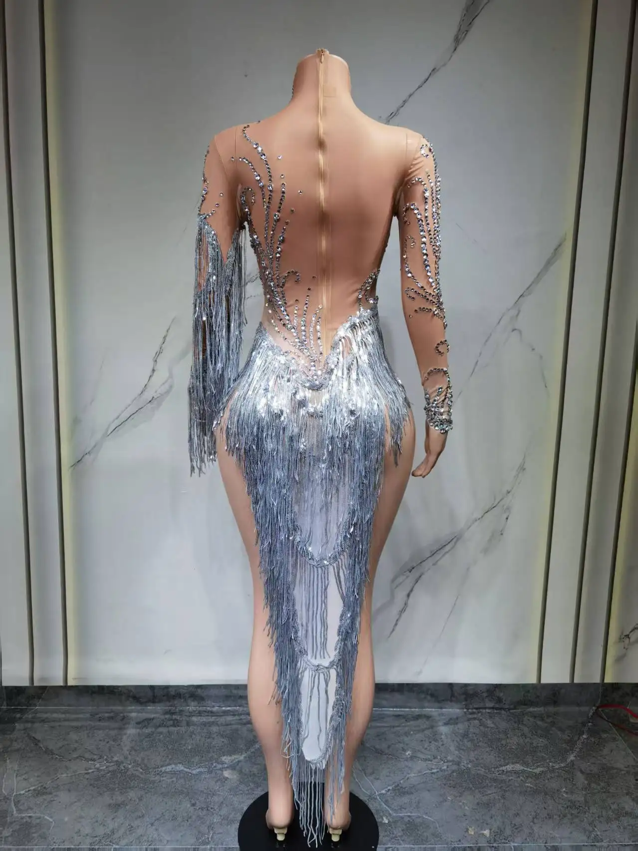 فستان سهرة نسائي شفاف شبكي مثير مع شرابات ترتر من حجر الراين المتلألئ، يستخدم في زي الرقص للاحتفال بعيد الميلاد