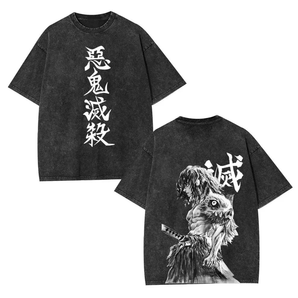 Anime Demon Slayer T-Shirt für Herren und Damen Vintage Gewaschene Baumwolle Grafik-T-Shirt Streetwear Kurzarm Lässige Oberteile 2026 Sommer Mode