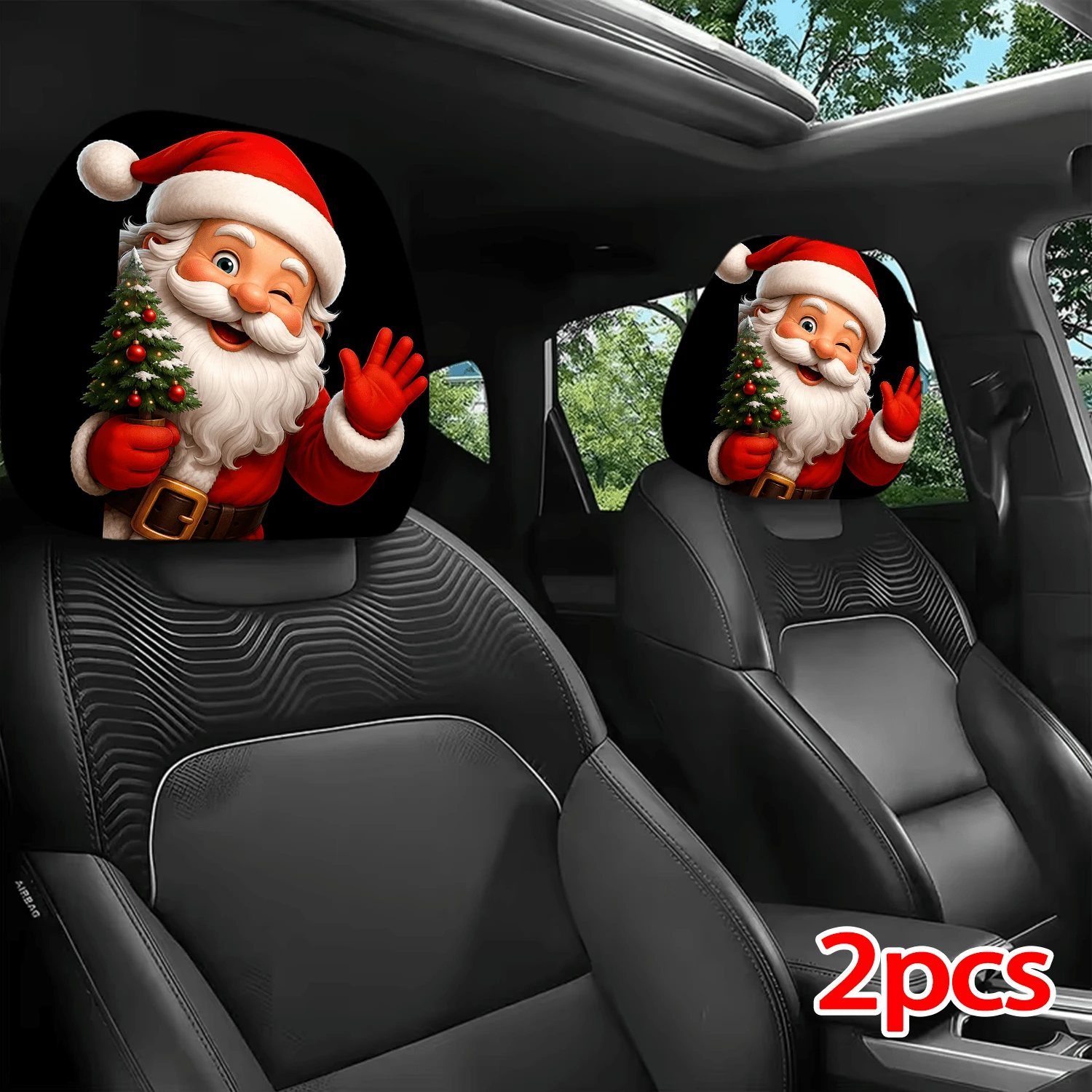 2-Pack Printed Car Headrest Covers, Elastic Design for Universal Fit, Ideal Choice for Interior Decoration, Cute Cartoon Santa Claus Holding a Christmas Tree, Fun Car Decoration, Creates a Festive Atmosphere
