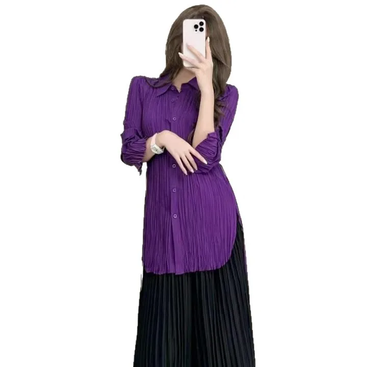 Miyake Fold 2025 Spring and Autumn Commuting Shirt Women's Versatile Loose Coat Casual Solid Color Lightweight Fashion Shirt
