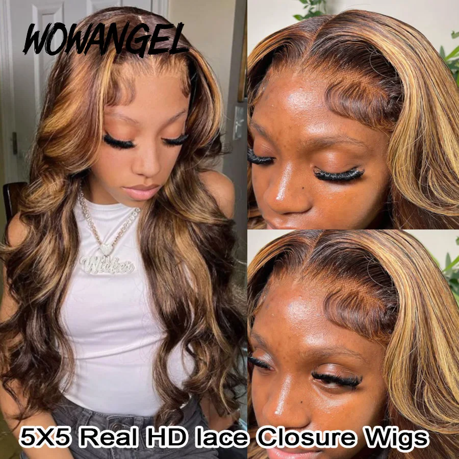 Wow Angel 5x5 HD Lace Closure Wigs Highlight Wigs Body Wave Real HD Lace Human Hair Wig Melt All Skins Honey Blonde Colored Wigs