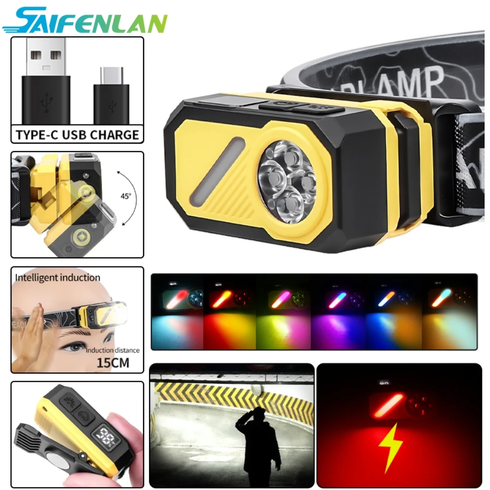 Lampu Kepala Induksi LED dengan Berbagai Sumber Cahaya Lampu Lari Portabel dengan Klip Topi, Magnet, Tampilan Digital Atmosfer RGB